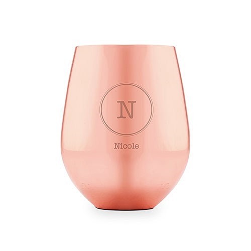 Copper Stemless Wine Glass with Circle Monogram Etching