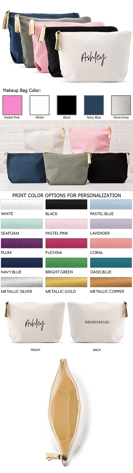Large Personalized Canvas Makeup Bag with Script Font Name (5 Colors)