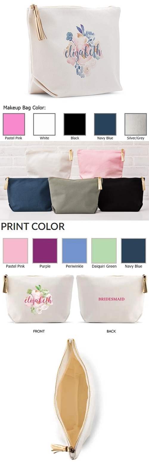 Large Personalized Canvas Makeup Bag with Floral Garden Design (5 Colors)