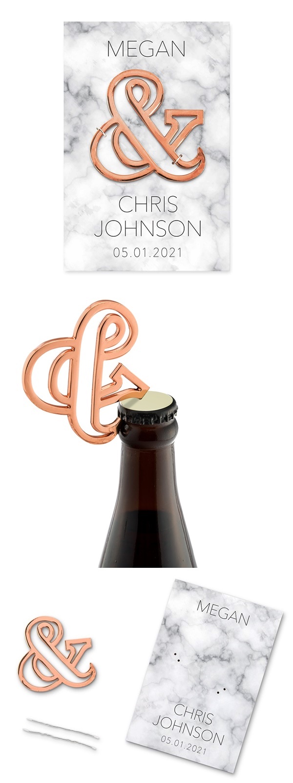 Geo Marble Rose Gold Ampersand Bottle Opener with Personalized Backer
