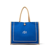 Large Personalizable Reusable Fabric Beach Tote Bag - Blue Burlap