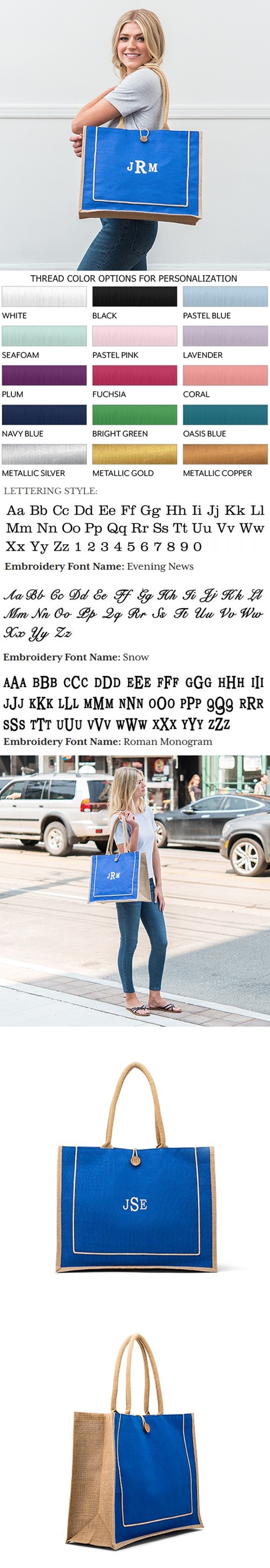 Large Personalizable Reusable Fabric Beach Tote Bag - Blue Burlap