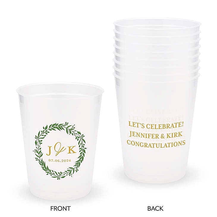 Personalized Frosted Plastic Party Cups - Love Wreath Design (Set of 8)