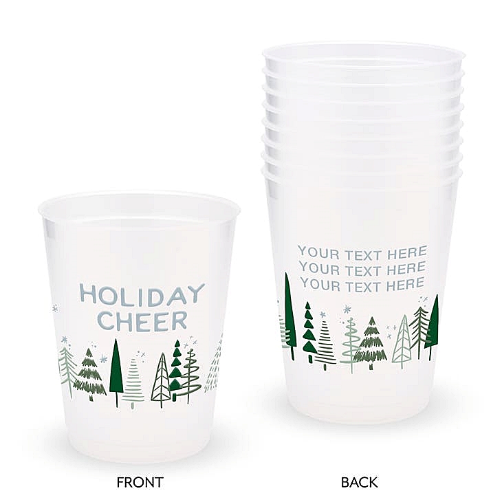 Personalized Frosted Plastic Party Cups - Holiday Cheer Trees Design (Set of 8)