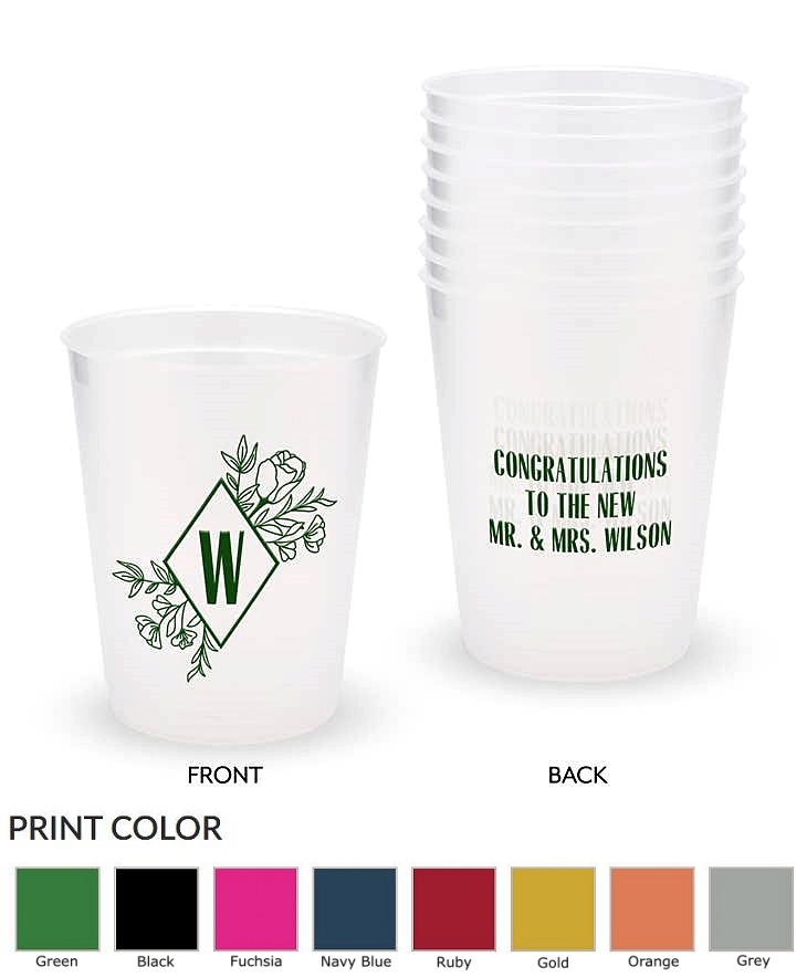 Personalized Frosted Plastic Party Cups - Floral Monogram Design (Set of 8)