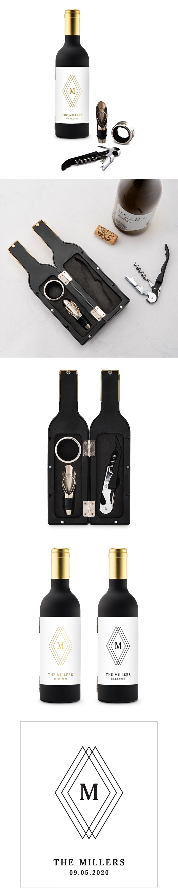 Personalized Wine Bottle-Shaped Corkscrew Gift Set - Diamond Monogram