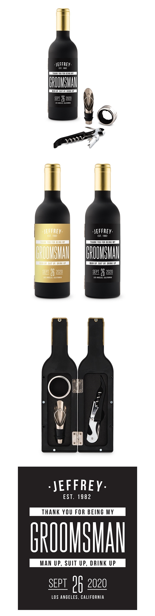 Wine Bottle-Shaped Corkscrew Gift Set w/ Personalized Groomsman Label