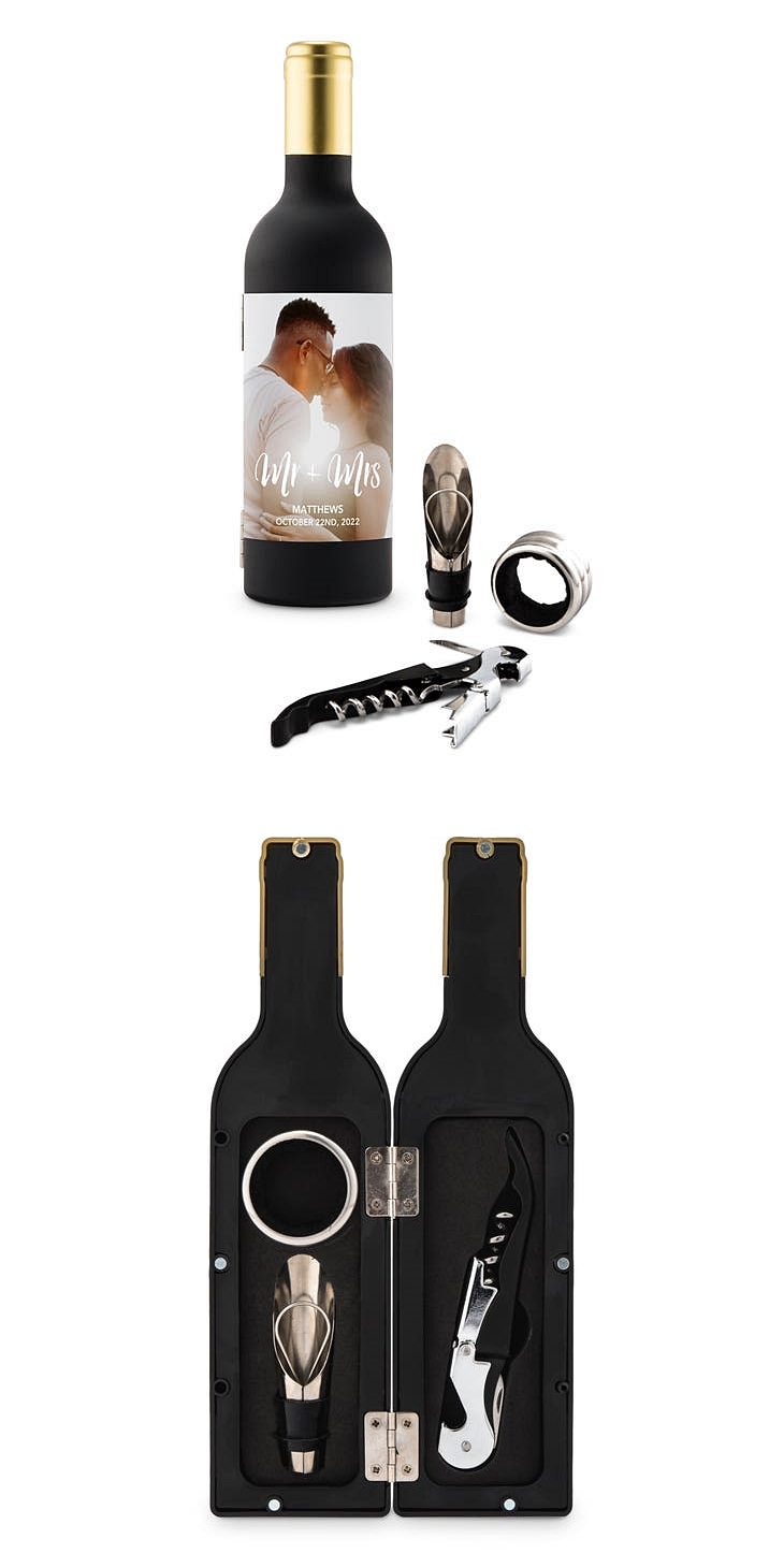 Personalized Wine Bottle Shaped Corkscrew Gift Set with Customizable Photo Label