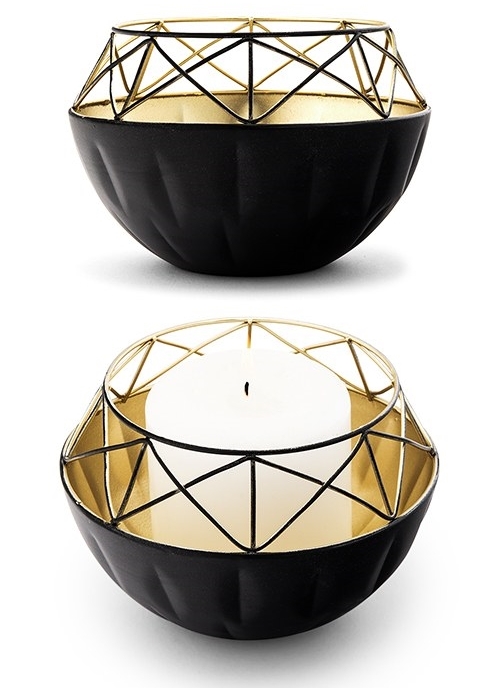 Weddingstar Short Round Geo Black-Metal Candle Holder w/ Gold Interior