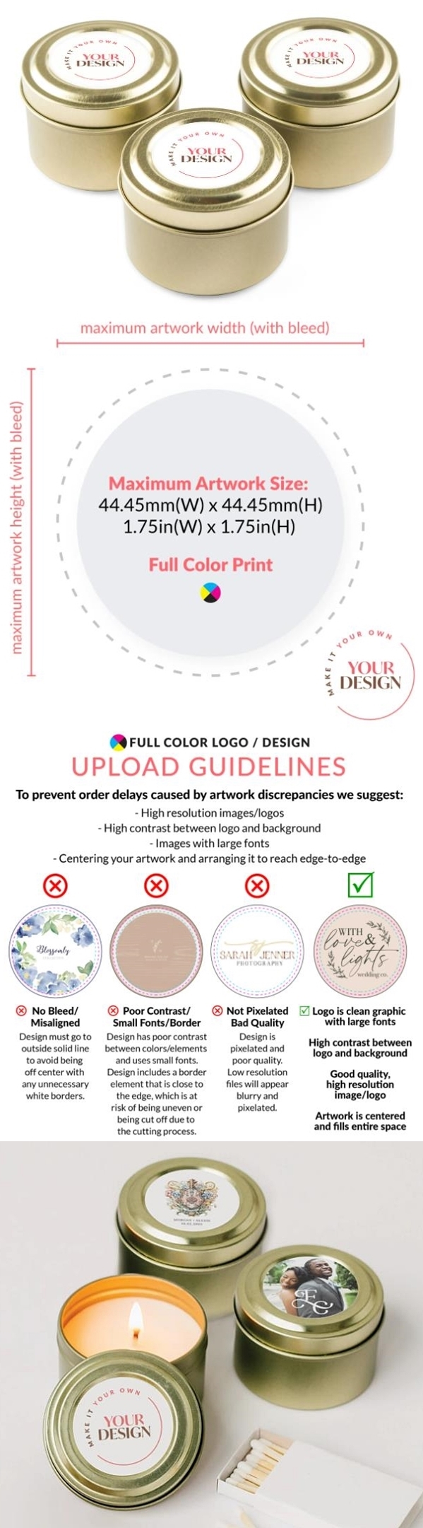 Custom 'Your Design' or Logo Gold Candle Tin with Personalized Sticker