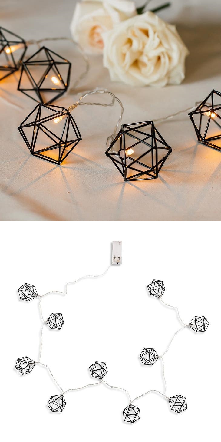 Decorative LED String of 10 Lights Inside Geometric Black Wire Cages