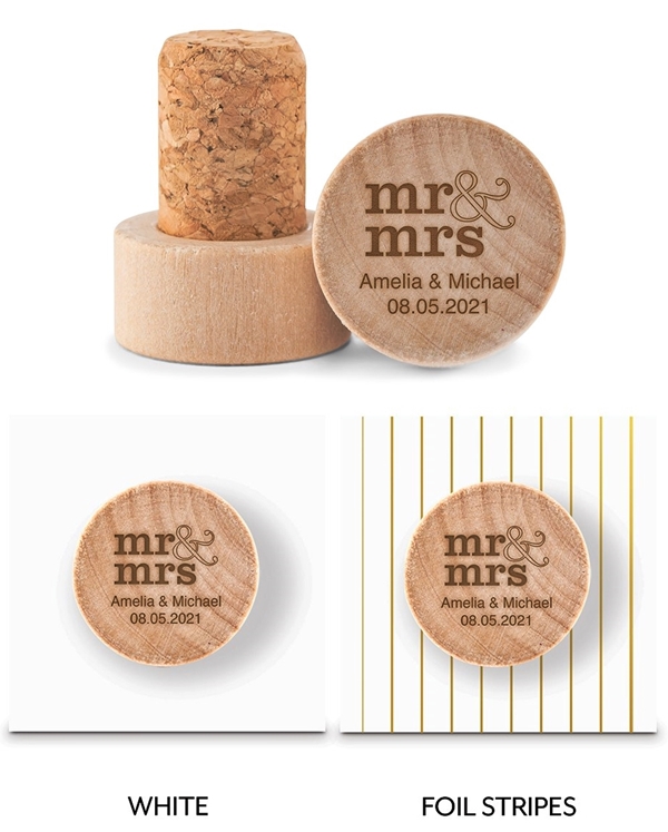 Custom Engraved Wooden Bottle Stopper with Stacked Mr & Mrs Design