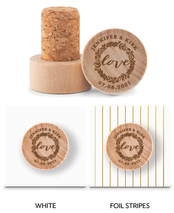 Custom Engraved Wooden Bottle Stopper with Love Wreath Design