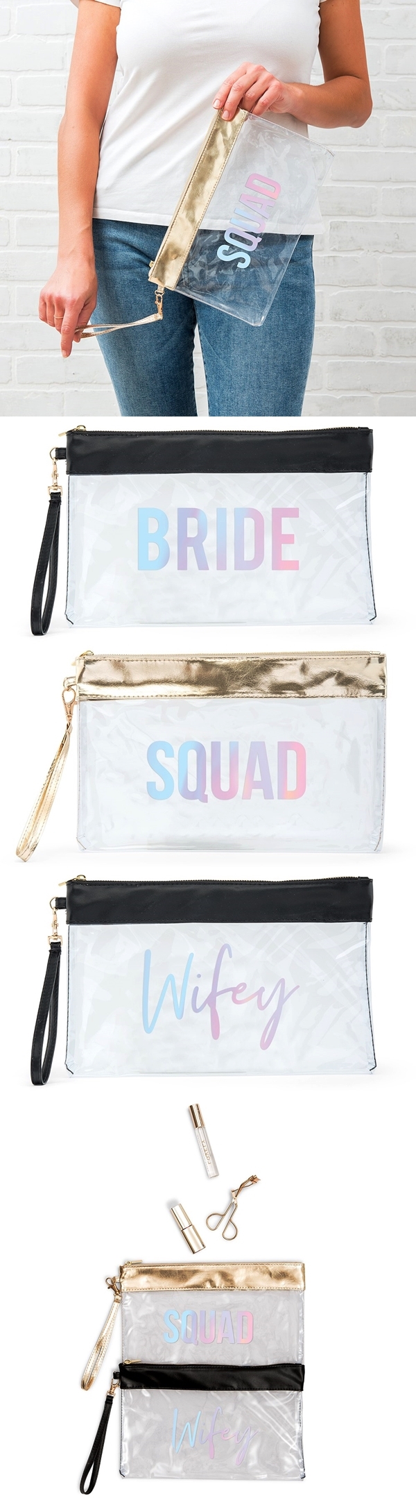 Large Clear PVC Plastic Makeup Bag for Bridal Party (Black/Gold Trim)