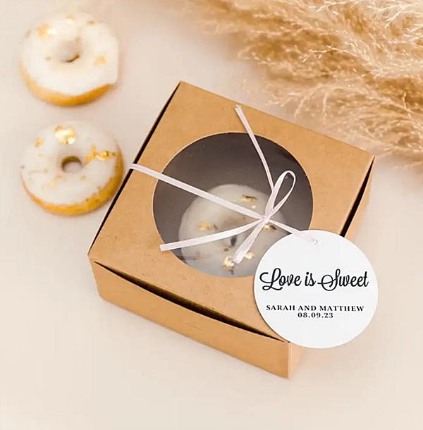 Custom Kraft Donut Favor Boxes with 'Love is Sweet' Script (Set of 10)