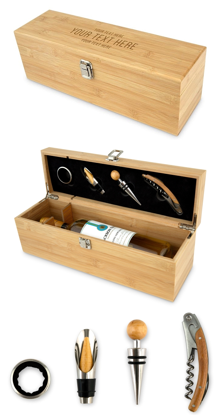 Custom Engraved Wooden Wine Gift Box with Accessories Set - Your Text Here