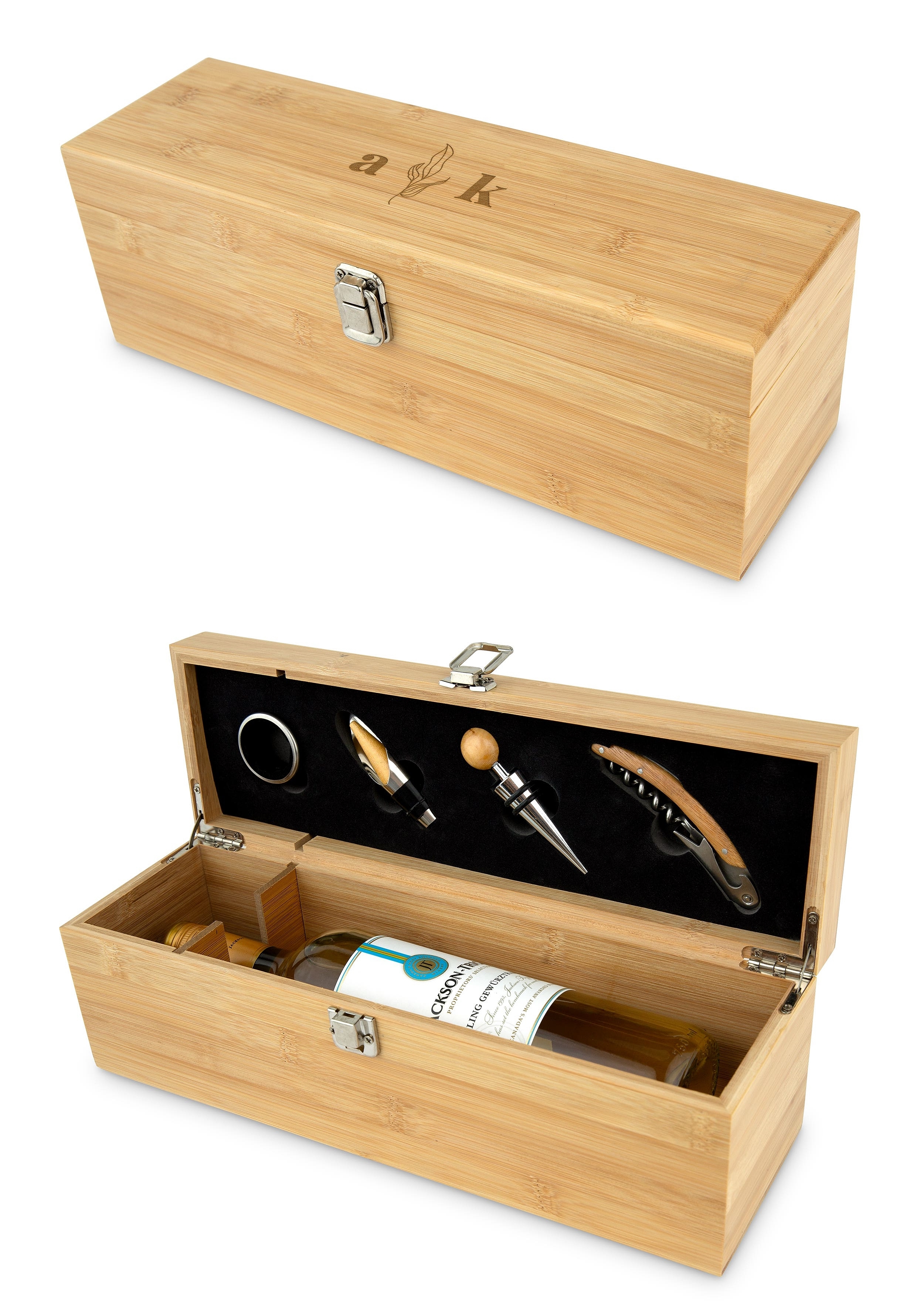 Engraved Wooden Wine Gift Box with Accessories Set - Desert Floral Monogram
