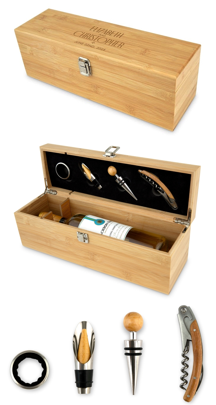 Custom Engraved Wooden Wine Gift Box with Accessories Set - Luna Couple Design