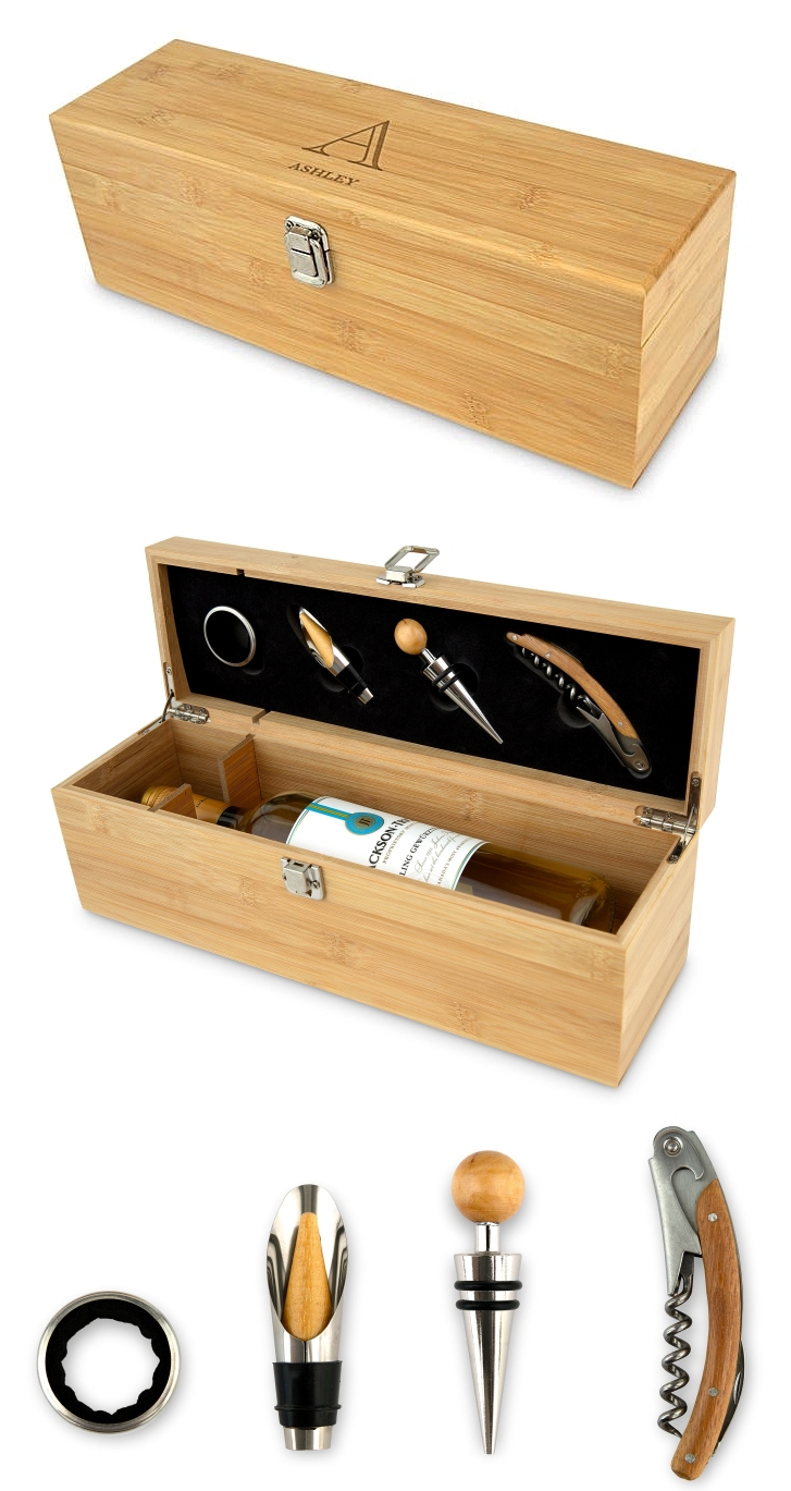 Custom Engraved Wooden Wine Gift Box with Accessories Set - Deco Monogram