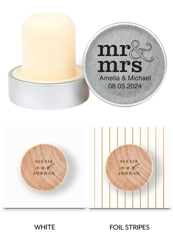 Custom Engraved Metal Bottle Stopper with Stacked Mr & Mrs Design