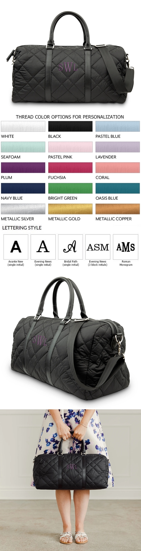 Weddingstar Personalizable Black Quilted-Exterior Weekender Travel Bag