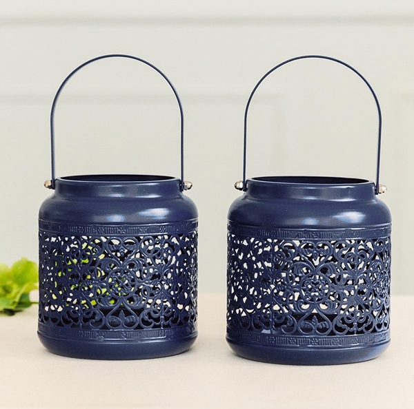 Weddingstar Small Vintage Navy Blue Metal Hanging Lanterns (Set of 2)