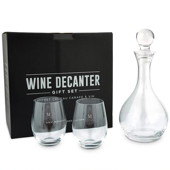 Engraved Stemless Wine Glasses with Decanter Gift-Set - Diamond Emblem