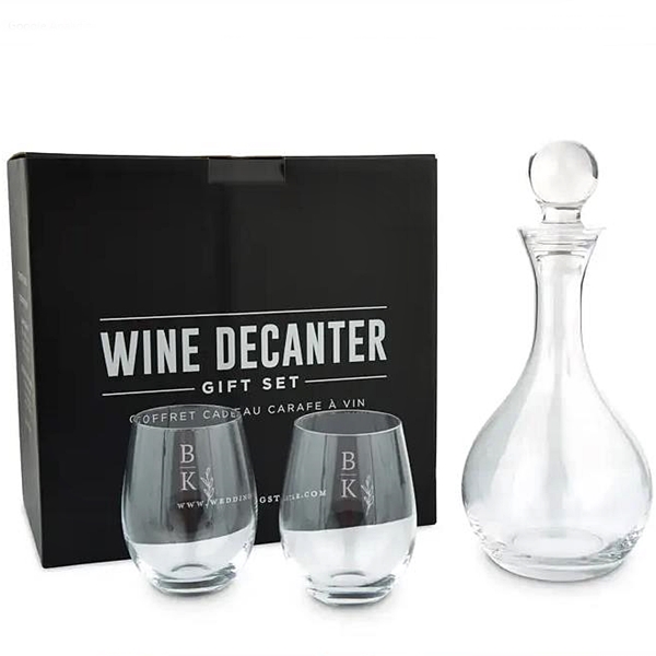 Engraved Stemless Wine Glasses with Decanter Gift-Set - Rustic Monogram