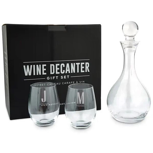 Engraved Stemless Wine Glasses w/ Decanter Gift-Set - Sans Serif Monogram