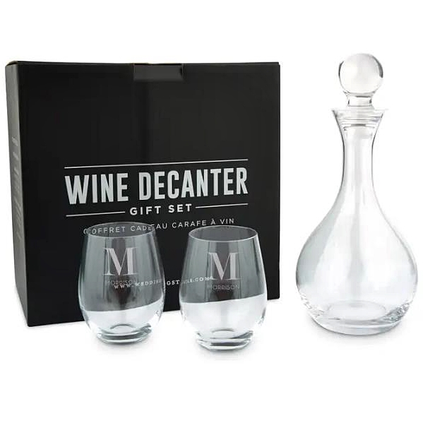 Engraved Stemless Wine Glasses with Decanter Gift-Set - Serif Monogram