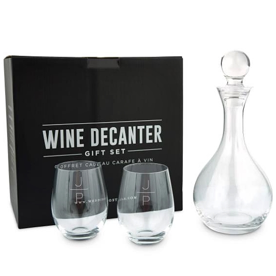 Engraved Stemless Wine Glasses with Decanter Gift-Set - Stacked Monogram