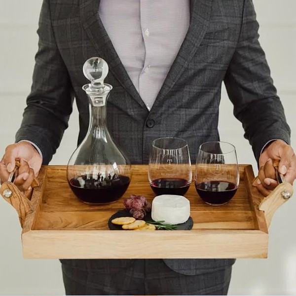 Engraved Stemless Wine Glasses with Decanter Gift-Set - Circle Monogram