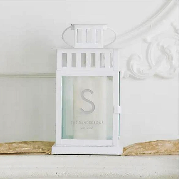 Personalized Large Decorative White Metal Hanging Lantern - Modern Initial