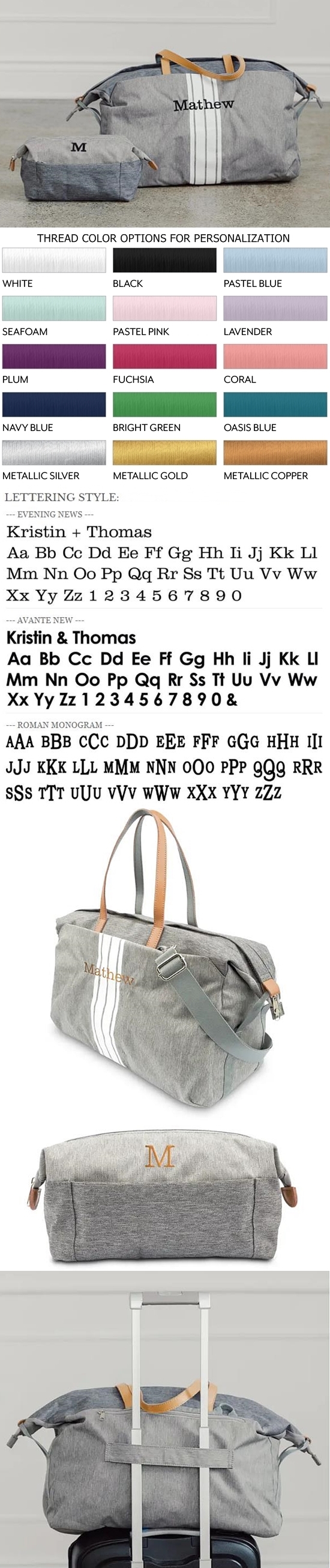 Personalized Light Gray Weekender Travel Duffle Bag & Toiletry Bag Set