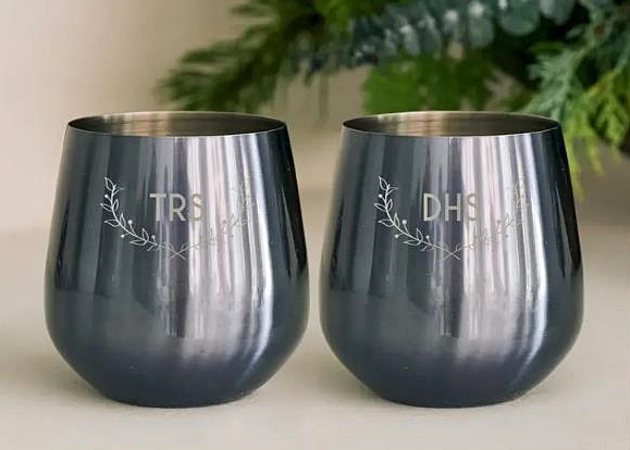 Engraved Navy Stainless-Steel Stemless Wine Glasses - Woodland Monogram