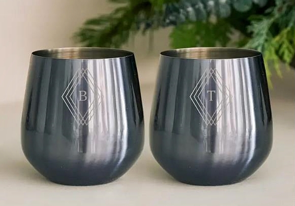 Engraved Navy Stainless-Steel Stemless Wine Glasses - Diamond Emblem