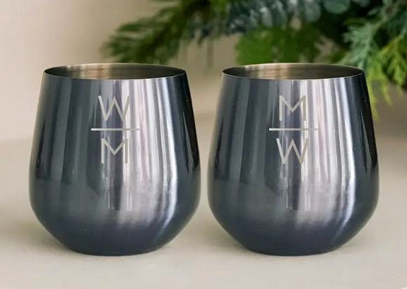 Engraved Navy Stainless-Steel Stemless Wine Glasses - Stacked Monogram