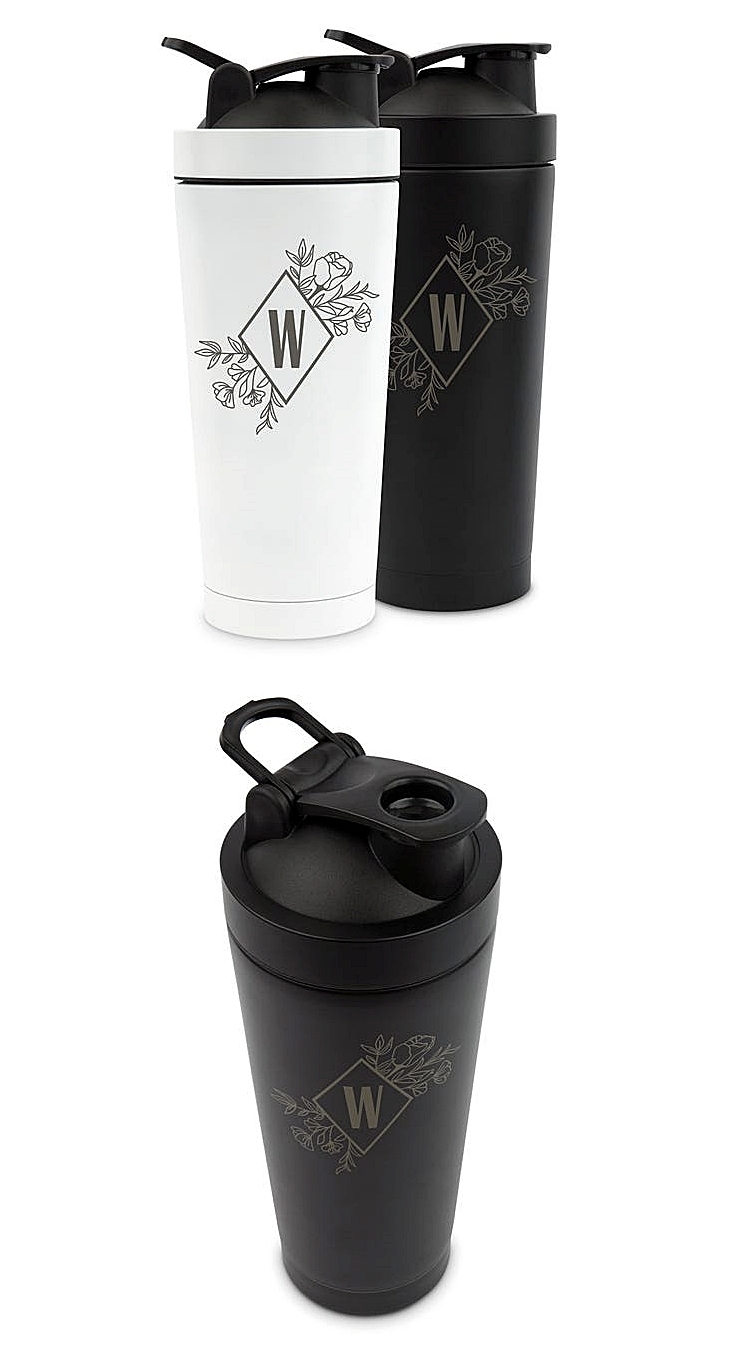 Custom Engraved Insulated Stainless-Steel Protein Shaker Cup - Floral Monogram