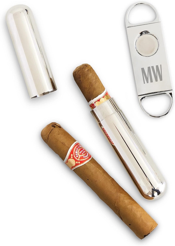 Engraved Sans Serif Monogram Stainless-Steel Cigar Cutter & Tube Gift-Set