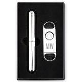 Engraved Sans Serif Monogram Stainless-Steel Cigar Cutter & Tube Gift-Set