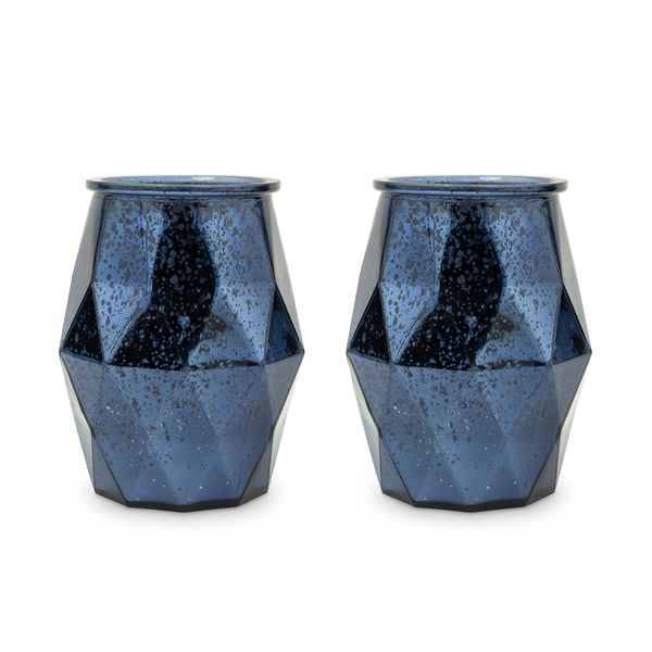 Large Geometric Navy Blue Mercury Glass Candle Holders (Set of 2)