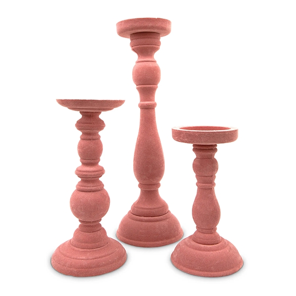 3-Piece Tiered Velvet Spindle Candle Holder Set in Blush Pink