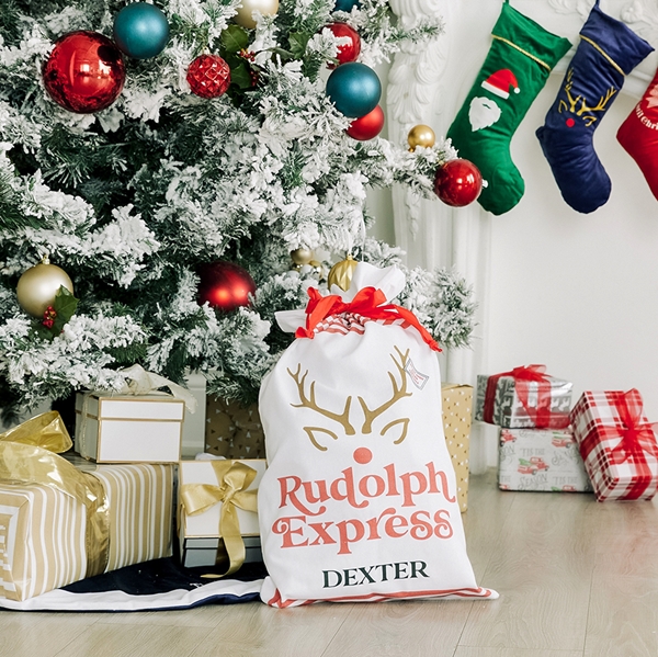 Large Personalized Drawstring Santa Sack for Gifts - Rudolph Express