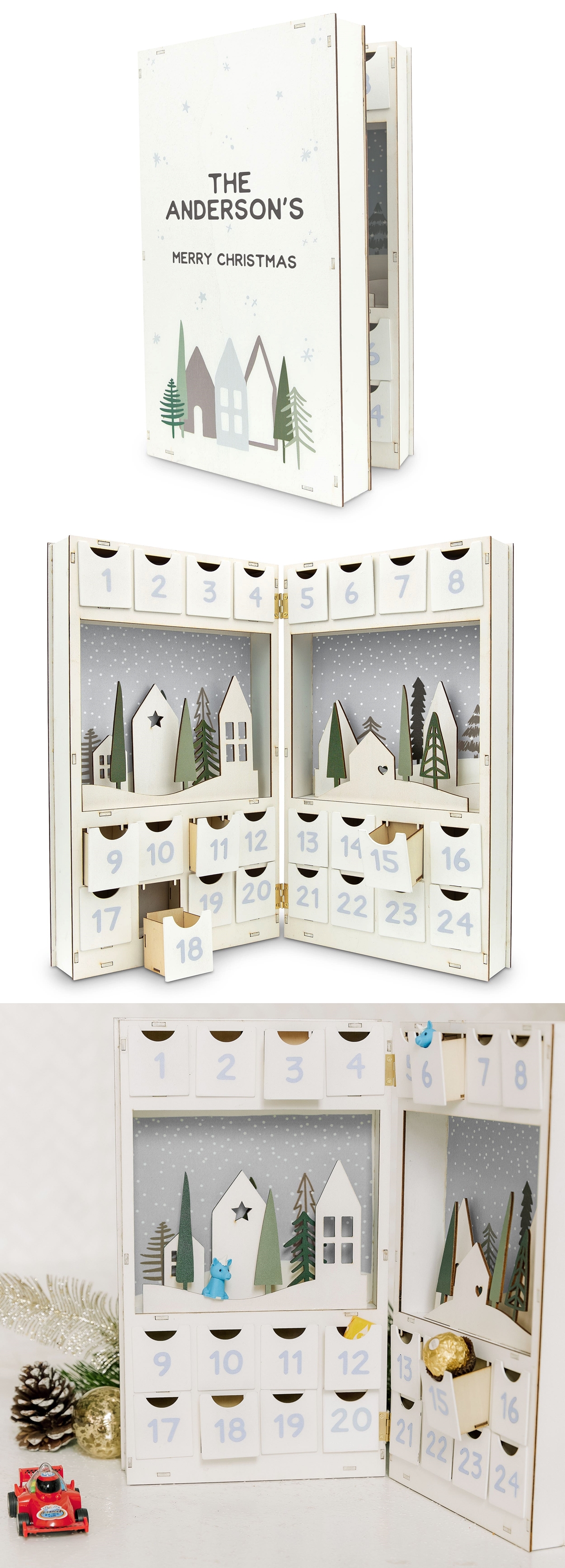 Personalized Winter Cottages Wooden Advent Calendar - Custom Text Design
