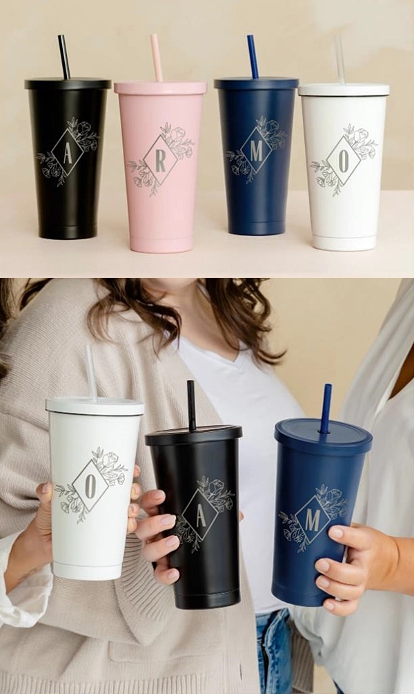Personalized Floral Monogram Stainless-Steel Insulated Tumbler (4 Colors)