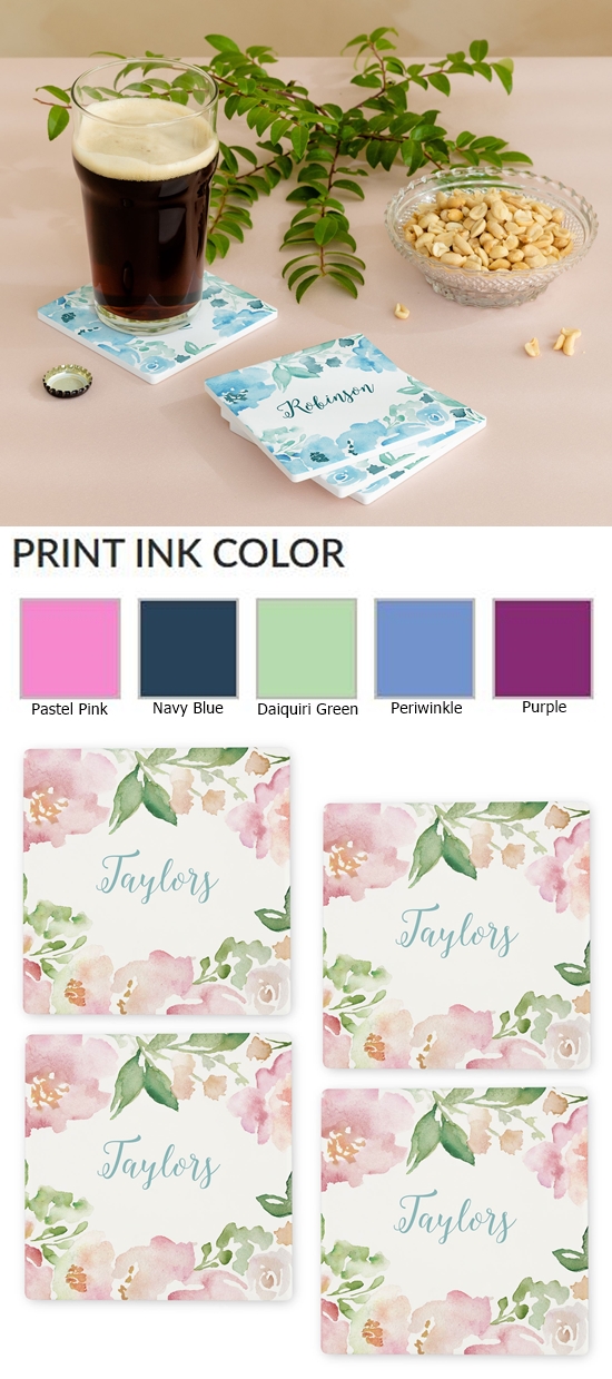 Personalized 'Floral Garden Party' Design White Sandstone Coasters (Set of 4)
