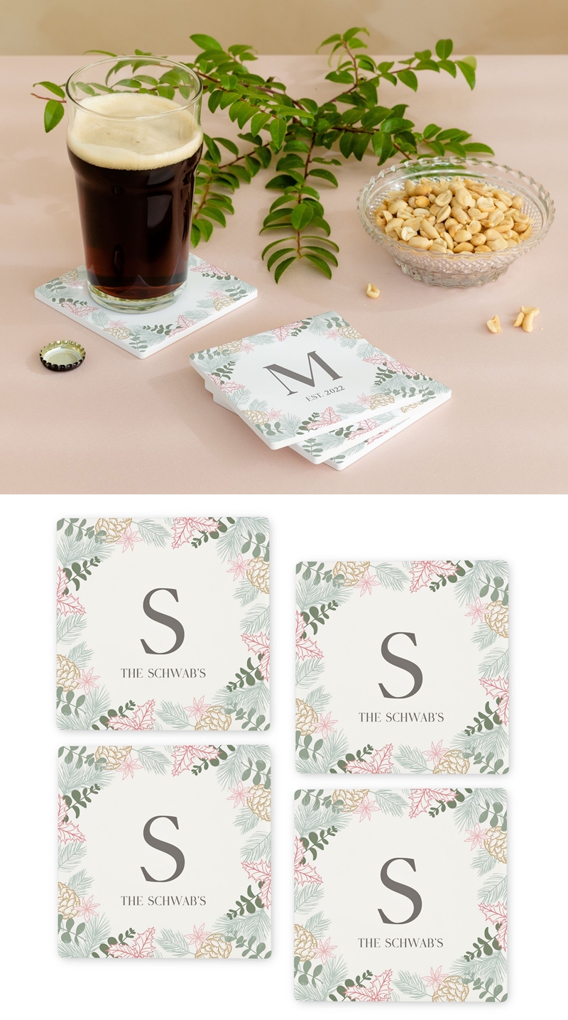 Personalized 'Woodsy Blush Frame' Design White Sandstone Coasters (Set of 4)