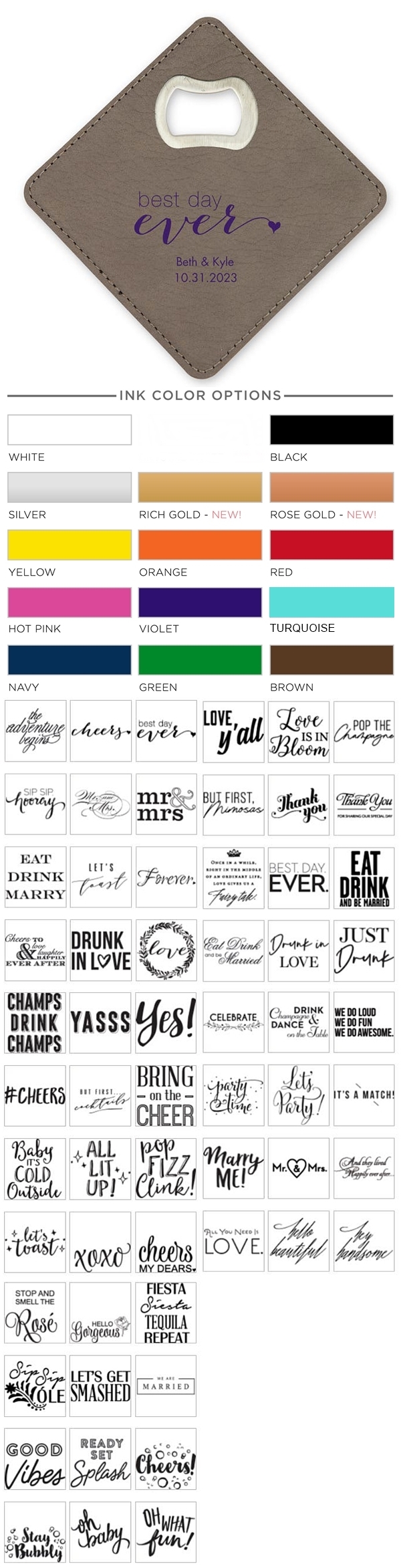 Personalized Gray Faux-Leather Coaster with Bottle Opener (Trendy Sayings Designs)