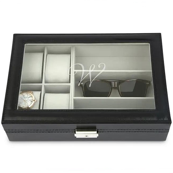Black Faux-Leather Watch and Sunglasses Travel Box - Script Initial
