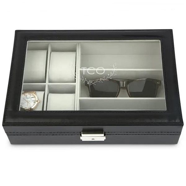 Black Faux-Leather Watch and Sunglasses Travel Box - Woodland Monogram